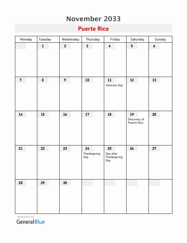 Puerto Rico November 2033 Calendar with Holidays