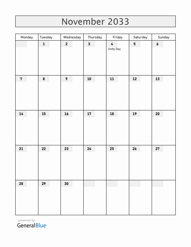Russia November 2033 Calendar with Holidays