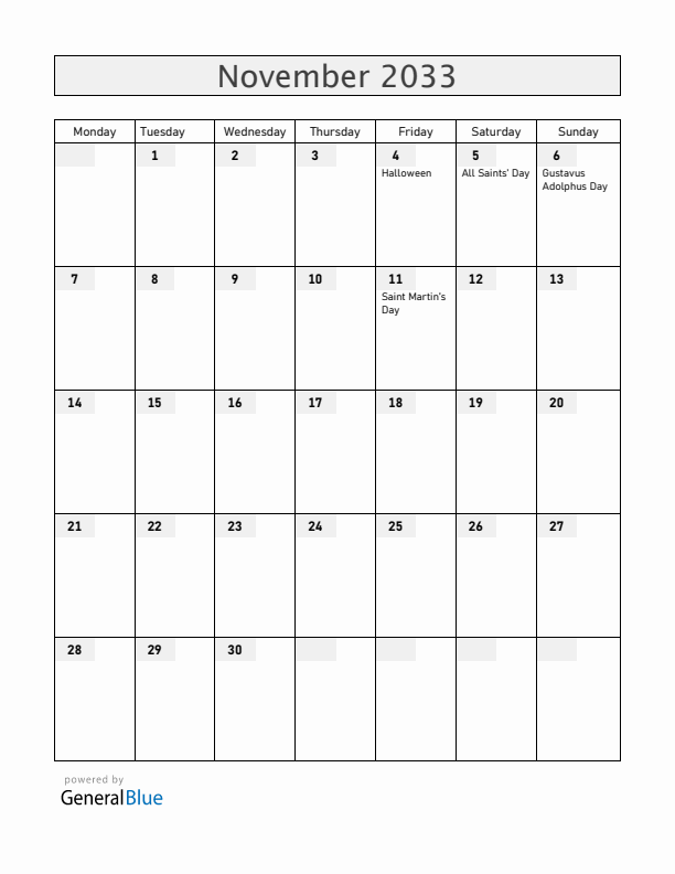 Sweden November 2033 Calendar with Holidays