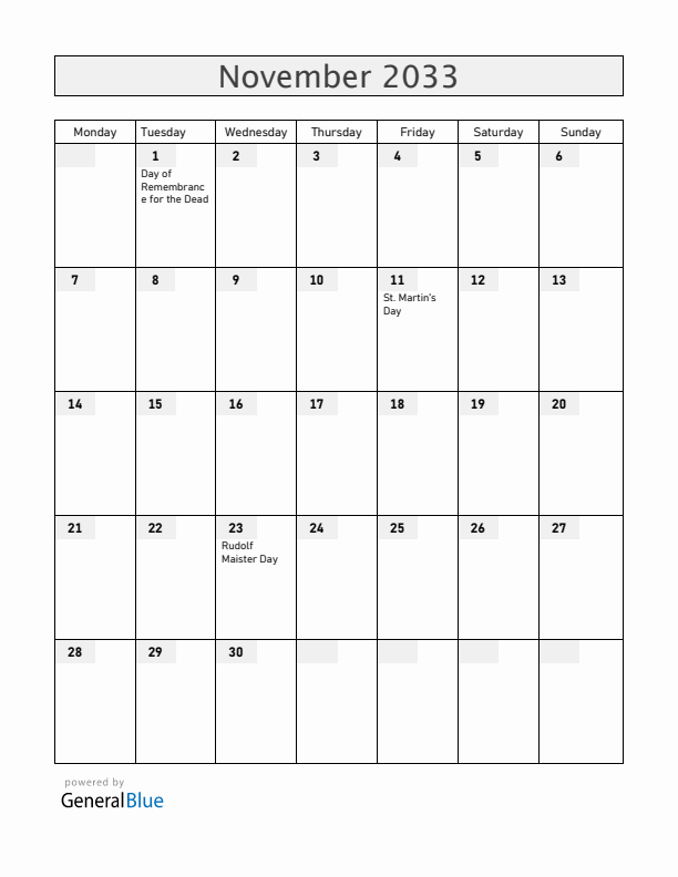 Slovenia November 2033 Calendar with Holidays