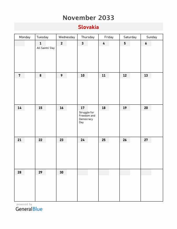 Slovakia November 2033 Calendar with Holidays