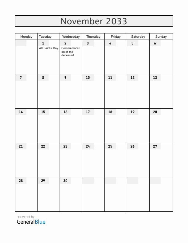 San Marino November 2033 Calendar with Holidays