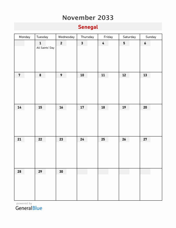 Senegal November 2033 Calendar with Holidays
