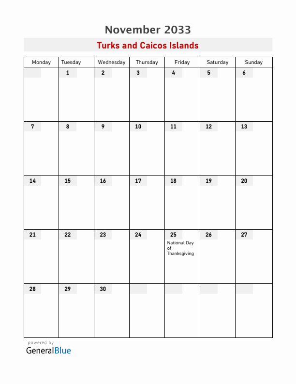 Turks and Caicos Islands November 2033 Calendar with Holidays