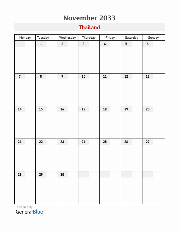 Thailand November 2033 Calendar with Holidays