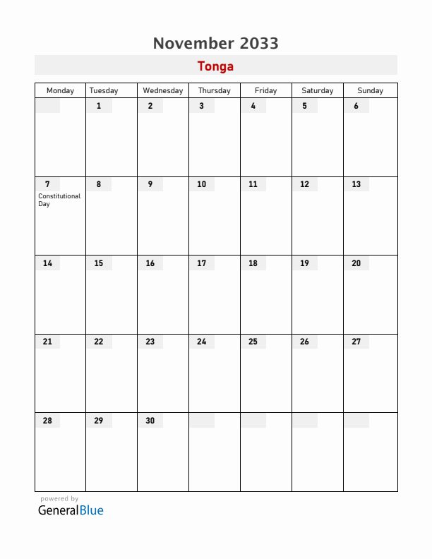 Tonga November 2033 Calendar with Holidays