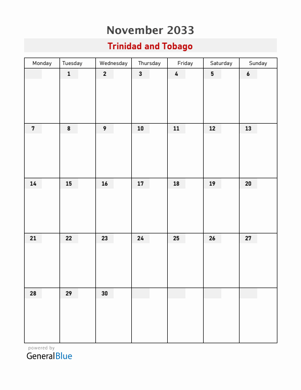 Trinidad and Tobago November 2033 Calendar with Holidays