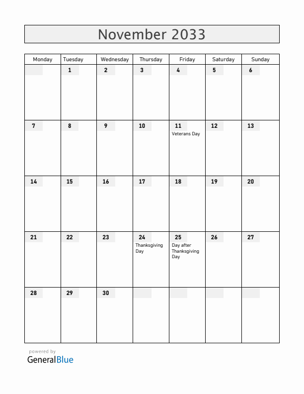 United States November 2033 Calendar with Holidays