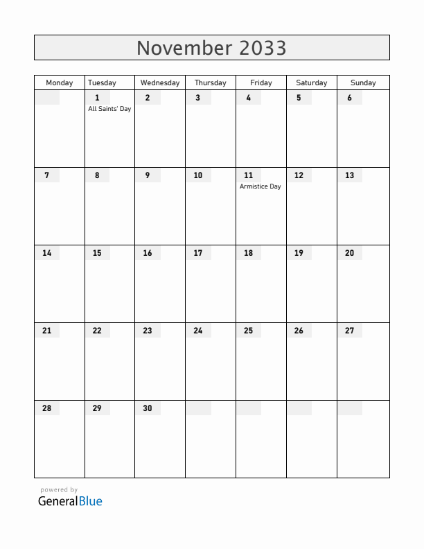 Mayotte November 2033 Calendar with Holidays