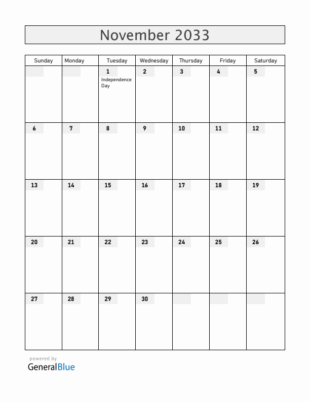 Antigua and Barbuda November 2033 Calendar with Holidays
