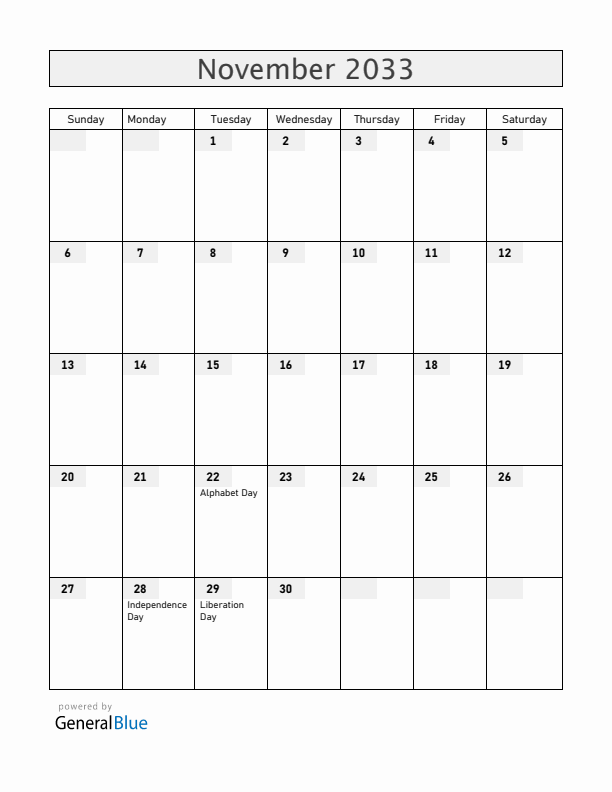 Albania November 2033 Calendar with Holidays