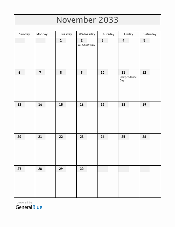Angola November 2033 Calendar with Holidays