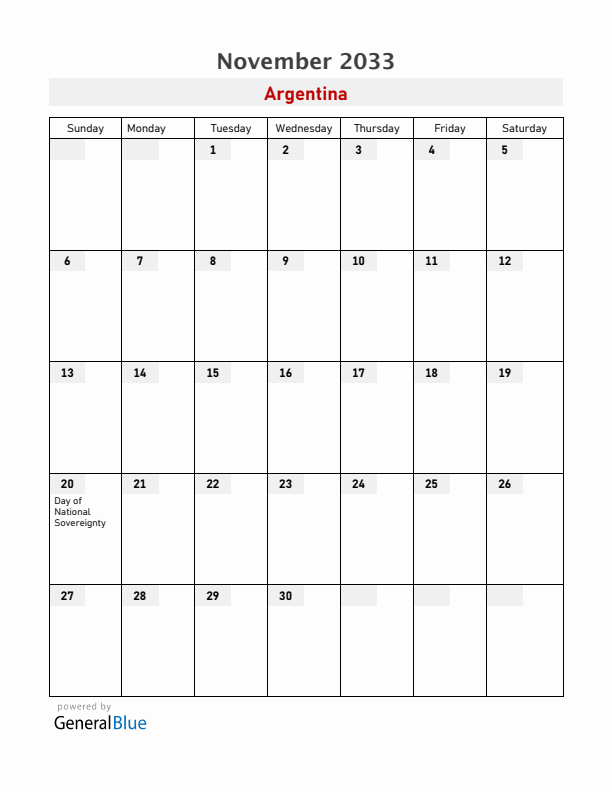 Argentina November 2033 Calendar with Holidays
