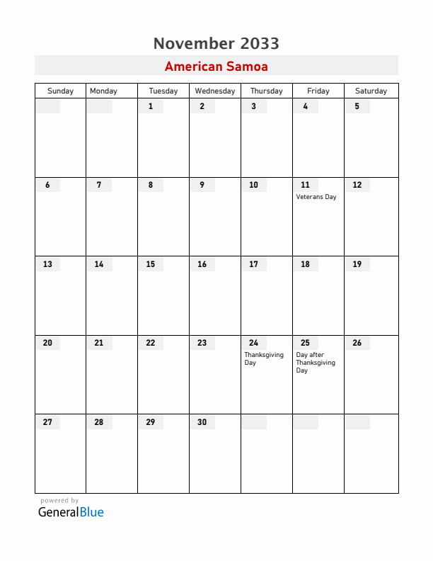 American Samoa November 2033 Calendar with Holidays