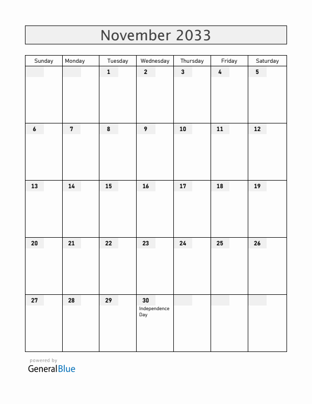 Barbados November 2033 Calendar with Holidays