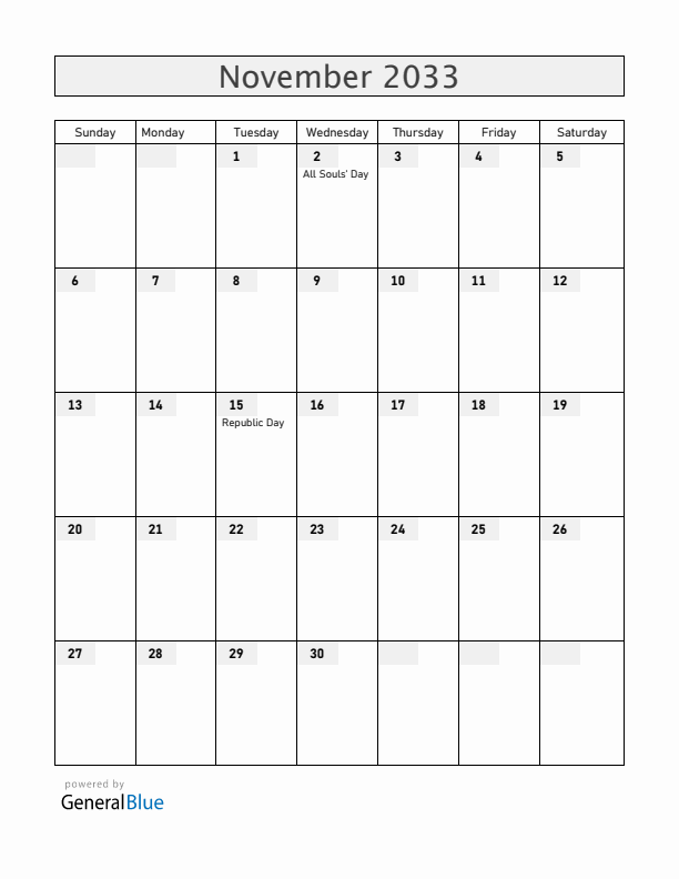 Brazil November 2033 Calendar with Holidays