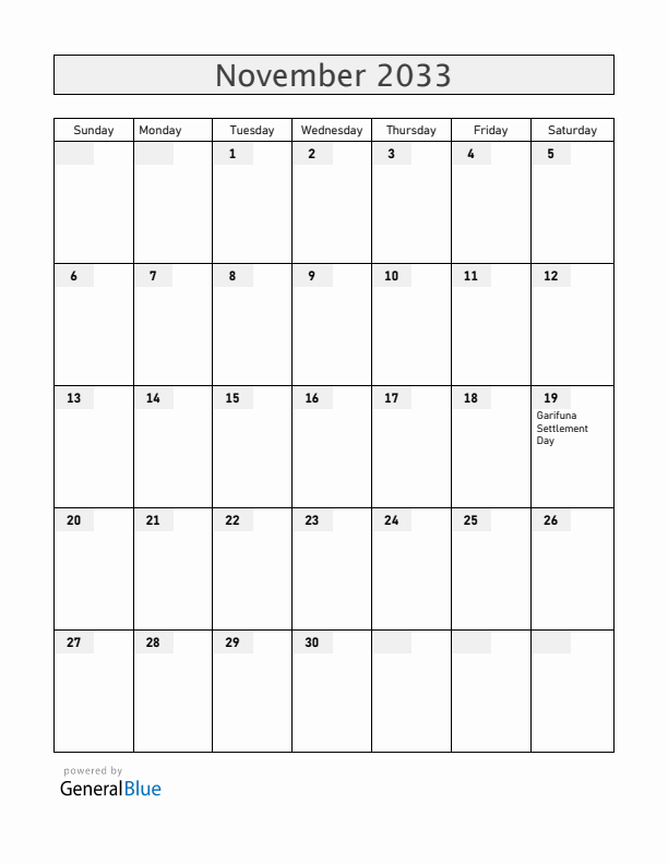 Belize November 2033 Calendar with Holidays