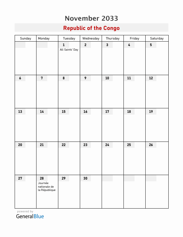 Republic of the Congo November 2033 Calendar with Holidays