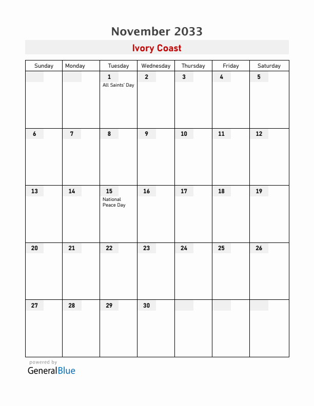 Ivory Coast November 2033 Calendar with Holidays