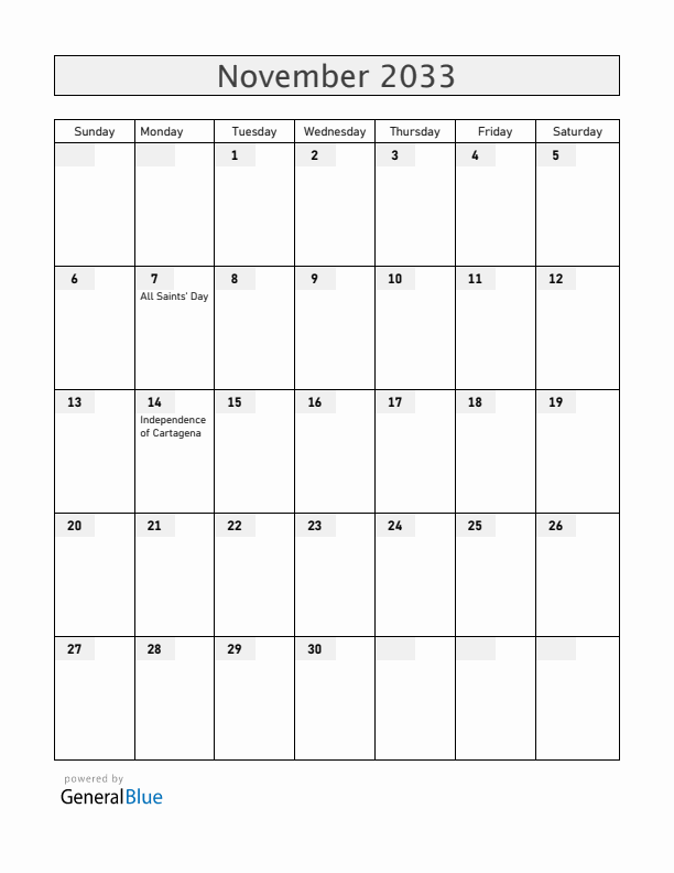 Colombia November 2033 Calendar with Holidays