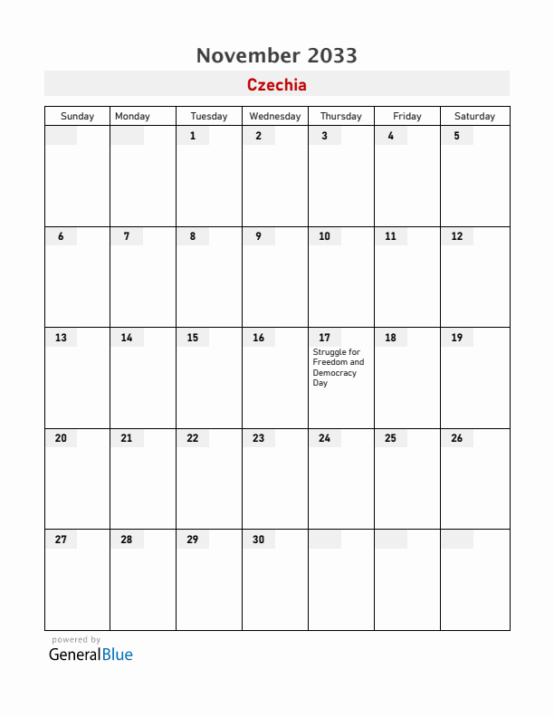 Czechia November 2033 Calendar with Holidays