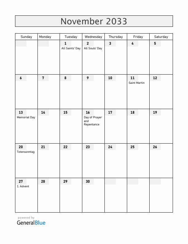 Germany November 2033 Calendar with Holidays