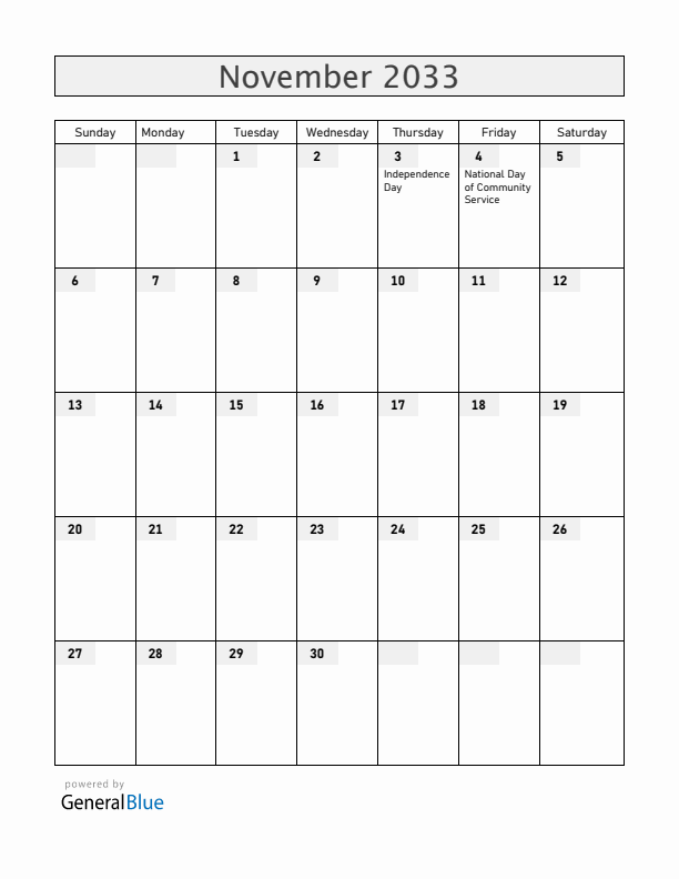Dominica November 2033 Calendar with Holidays