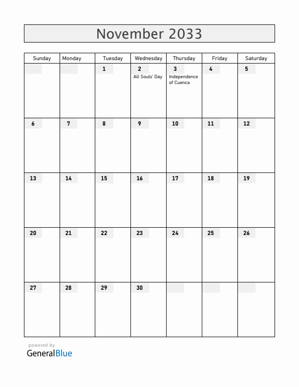 Ecuador November 2033 Calendar with Holidays