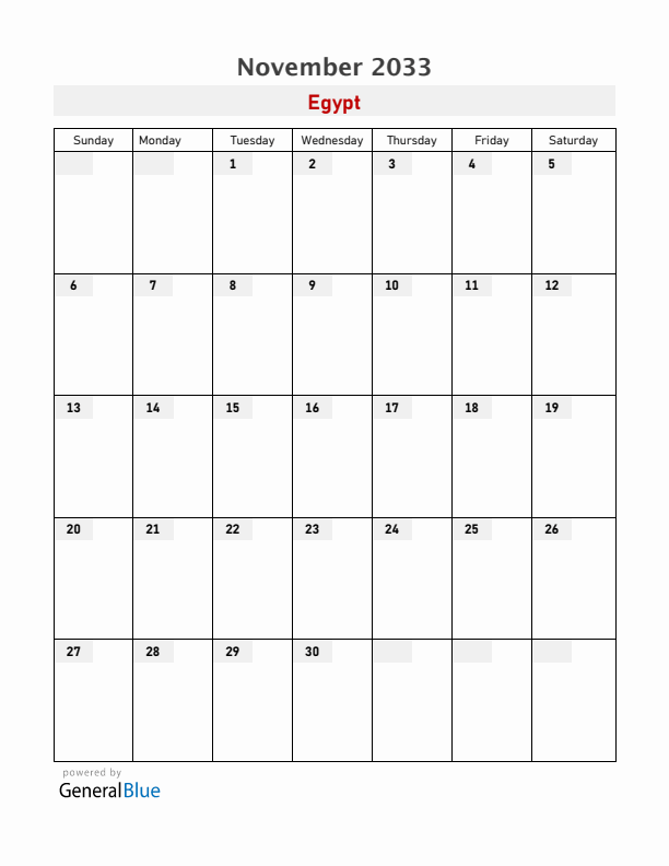 Egypt November 2033 Calendar with Holidays