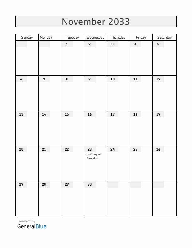 Ethiopia November 2033 Calendar with Holidays