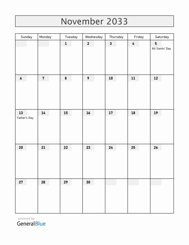 Finland November 2033 Calendar with Holidays