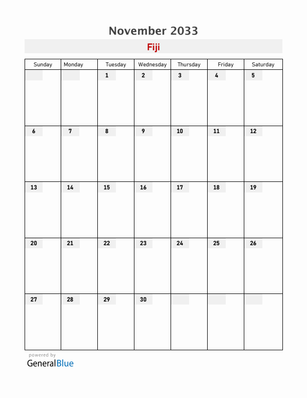 Fiji November 2033 Calendar with Holidays