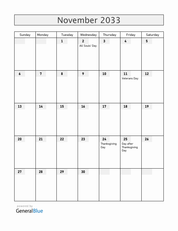 Guam November 2033 Calendar with Holidays