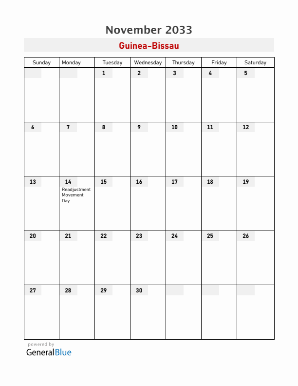 Guinea-Bissau November 2033 Calendar with Holidays