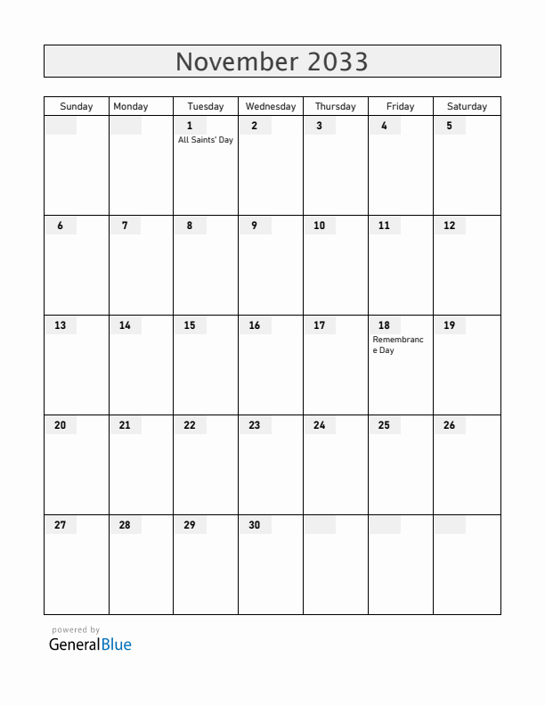 Croatia November 2033 Calendar with Holidays