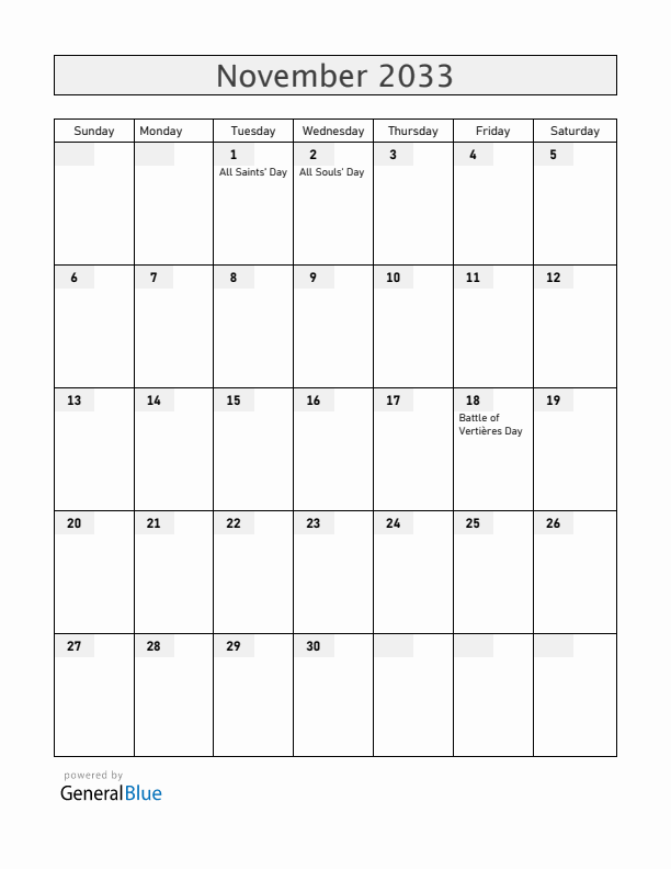 Haiti November 2033 Calendar with Holidays