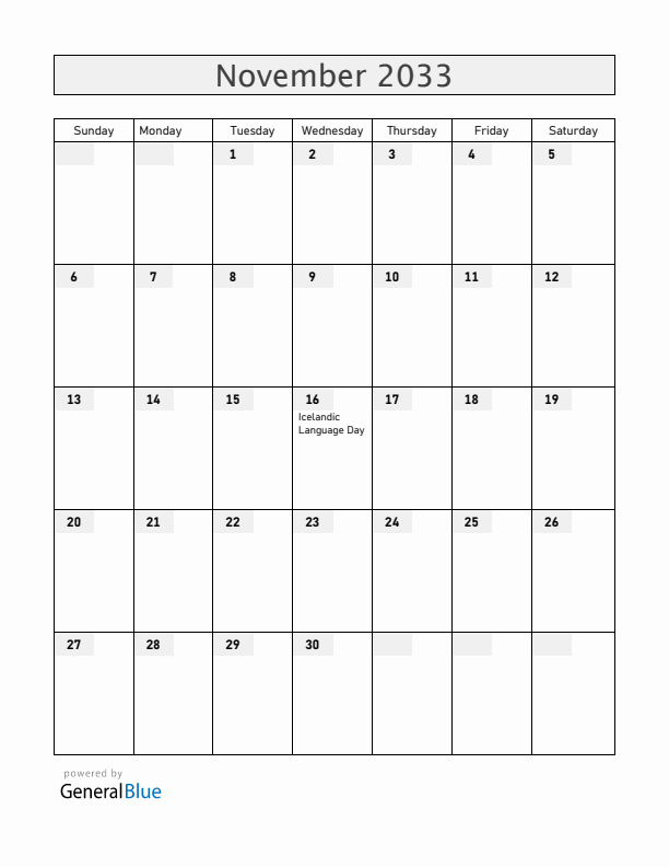 Iceland November 2033 Calendar with Holidays