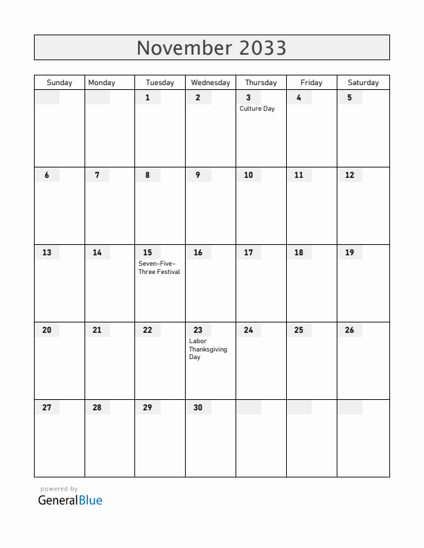 Japan November 2033 Calendar with Holidays