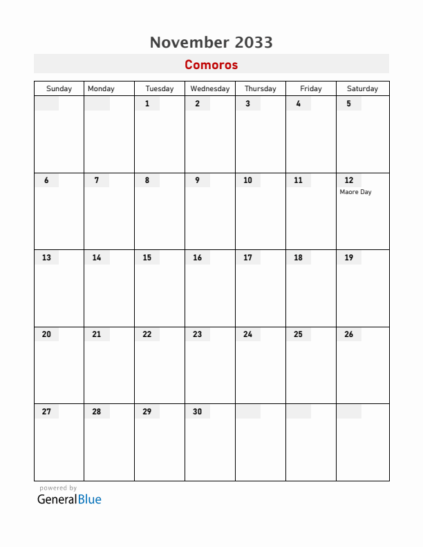 Comoros November 2033 Calendar with Holidays