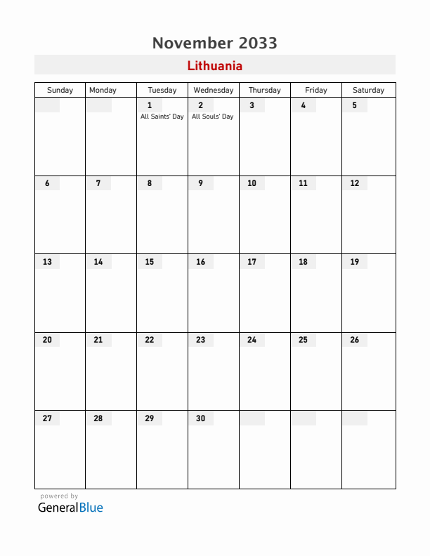 Lithuania November 2033 Calendar with Holidays