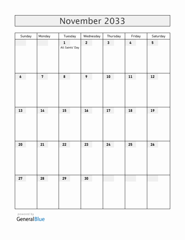 Luxembourg November 2033 Calendar with Holidays