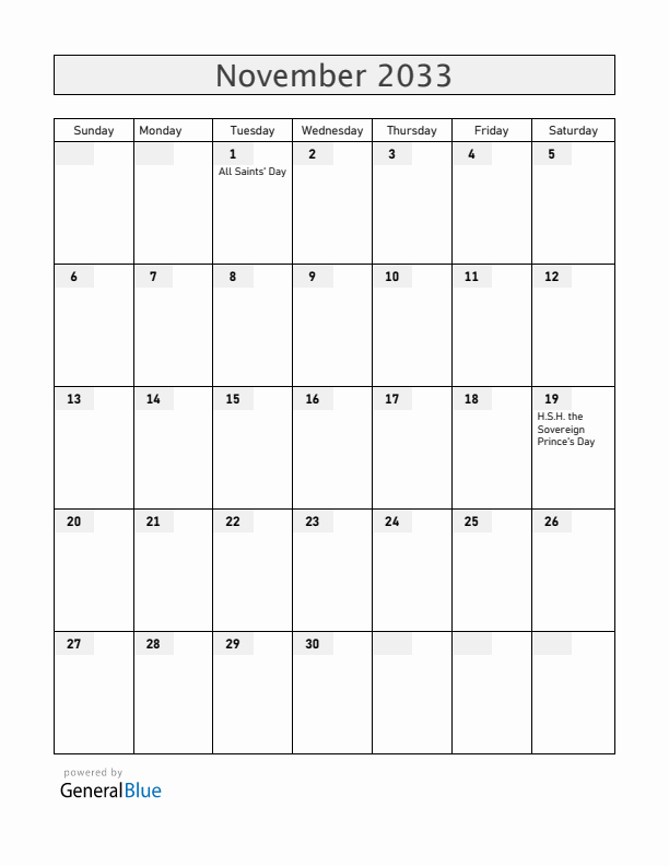 Monaco November 2033 Calendar with Holidays