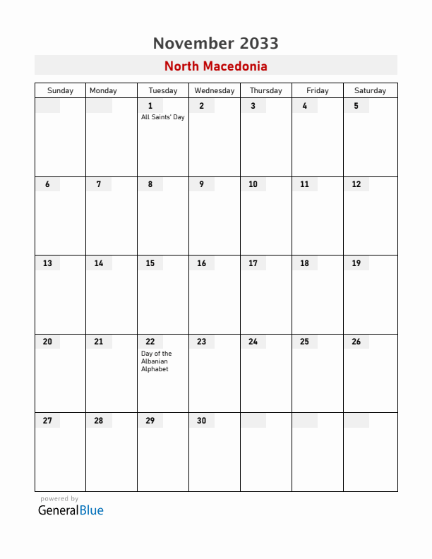 North Macedonia November 2033 Calendar with Holidays