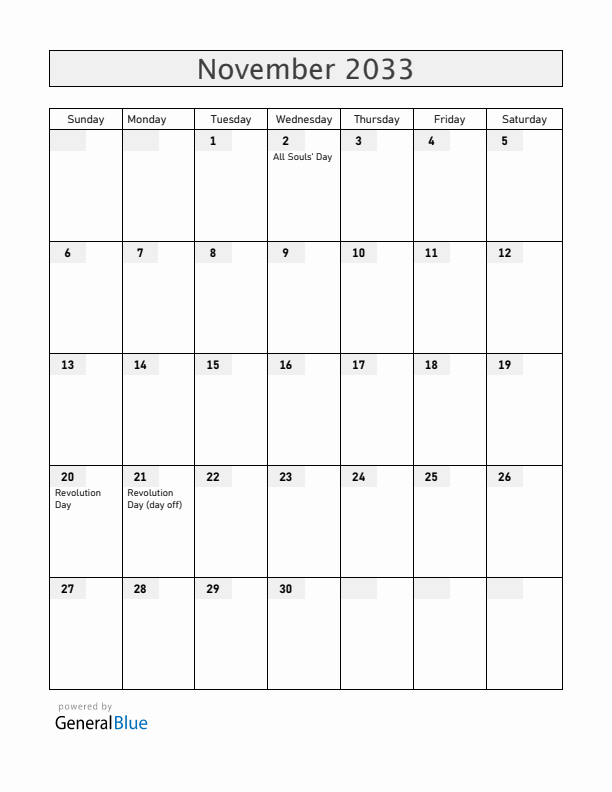 Mexico November 2033 Calendar with Holidays
