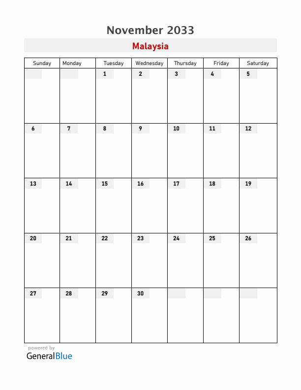 Malaysia November 2033 Calendar with Holidays