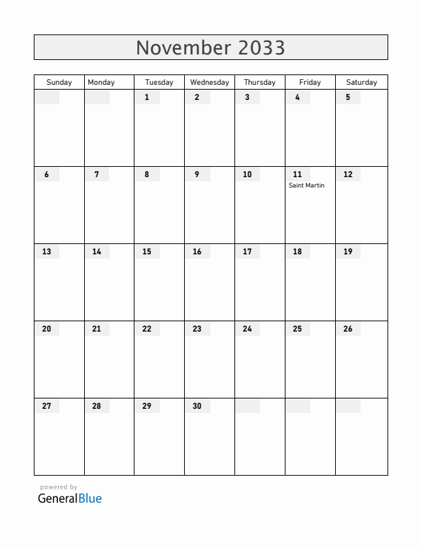 The Netherlands November 2033 Calendar with Holidays