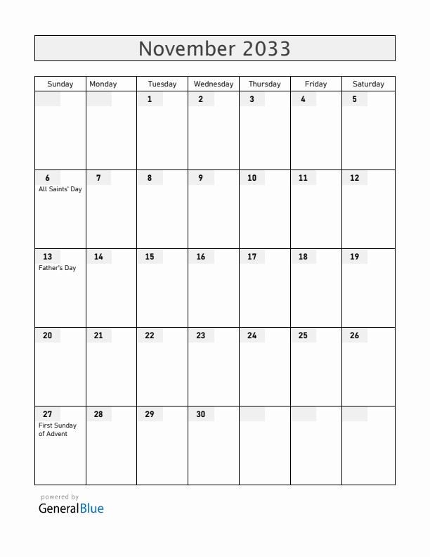 Norway November 2033 Calendar with Holidays