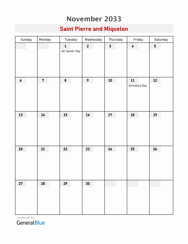 Saint Pierre and Miquelon November 2033 Calendar with Holidays
