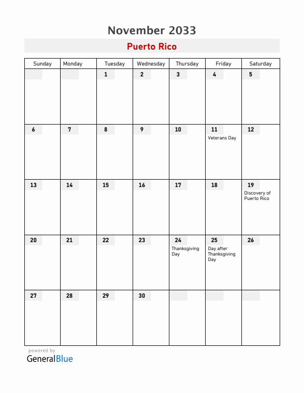 Puerto Rico November 2033 Calendar with Holidays