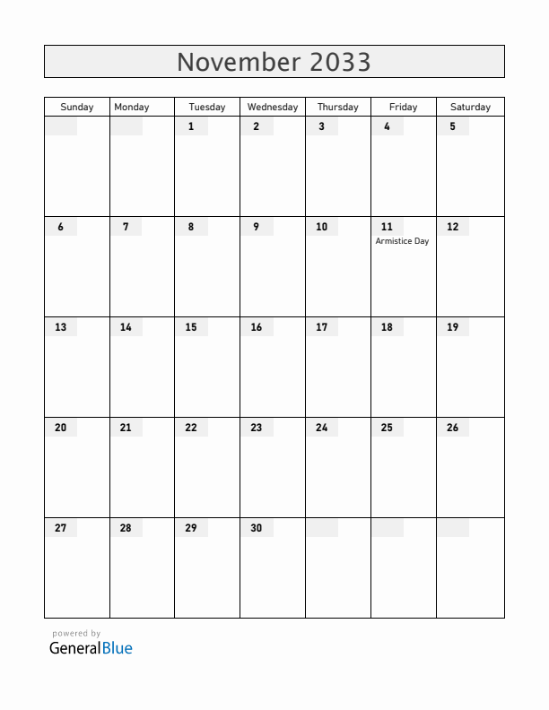 Serbia November 2033 Calendar with Holidays